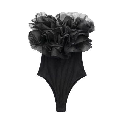 Off Shoulder Ruffle Trim Contrast Bodysuit (A785)