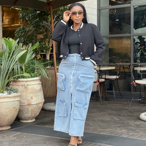 High Waist Pocket Split Denim Skirt (C2722)