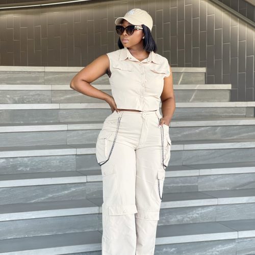 Elegant Sleeveless Crop Top & Cargo Pant Set (C3828)