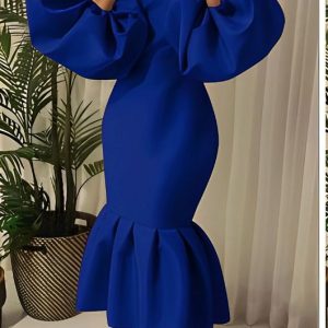 Woman's V-Neck Puff Long-sleeve Bodycon Dress