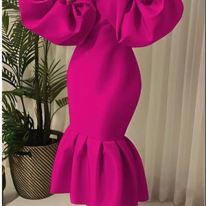 Woman's V-Neck Puff Long-sleeve Bodycon Dress