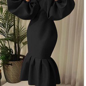 Woman's V-Neck Puff Long-sleeve Bodycon Dress