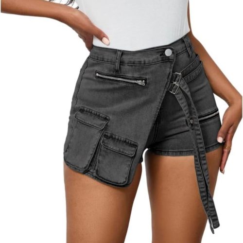 Woman's Irregular Multi Pocket Design A Line Denim Shorts (FA-4188)