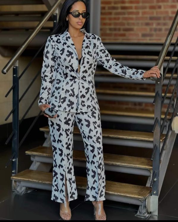 Elegant Cow Print Pant & Shirt Set