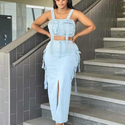 Women Ripped Stretch High Waist Front Split Skirt & Top Set (J5179)
