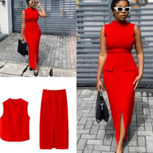 Sleeveless O-neck  Crop Top & Casual Fake Pocket Front Split Skirt Set (A1253) - Image 5