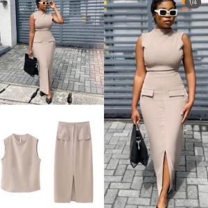 Sleeveless O-neck  Crop Top & Casual Fake Pocket Front Split Skirt Set (A1253) - Image 3