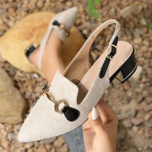 Stylish Slingback Mules Pointed Toe, Thick Heel And Metal Buckle Shoe (S-4765)
