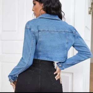 Women Short Lapel Blue Denim Jacket - Image 2