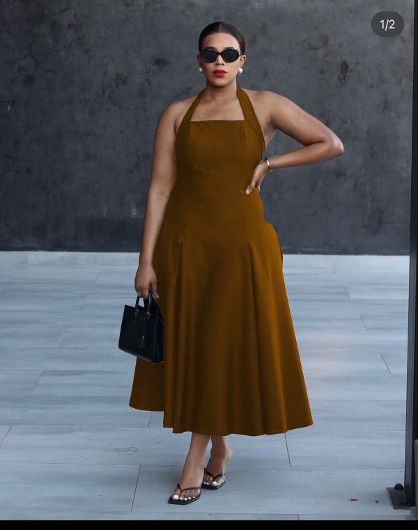 Halter Neck Sleeveless Midi Dress (A1286)