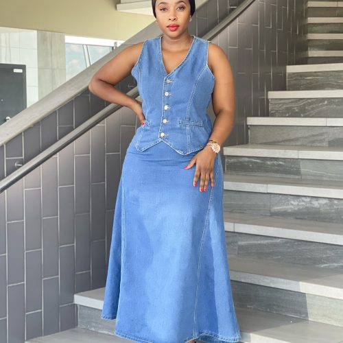 Maxi Denim Buttoned Vest & Skirt Set (TZ-4162)