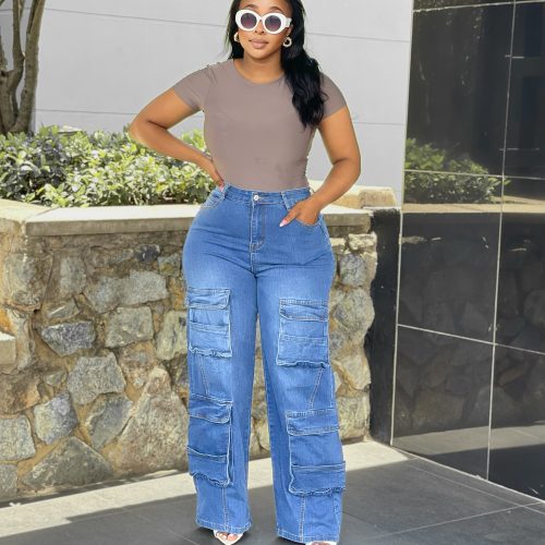 Woman’s Straight Leg Cargo Multi Pocket Denim Jeans (NK-149)