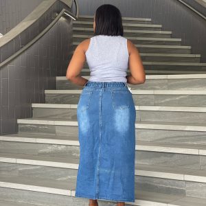 Woman's Straight Slit Maxi Denim Skirt (C3230) - Image 3