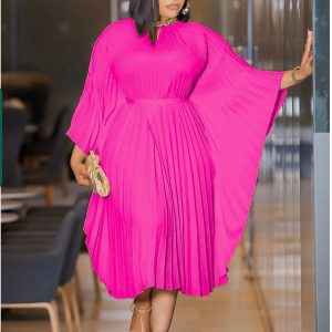 Casual Ruched Belt Pleated Batwing Sleeve Midi Dresses (A774) - Image 2