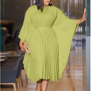 Casual Ruched Belt Pleated Batwing Sleeve Midi Dresses (A774) - Image 3