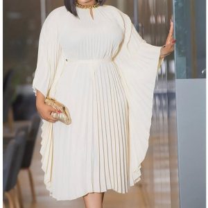 Casual Ruched Belt Pleated Batwing Sleeve Midi Dresses (A774) - Image 4