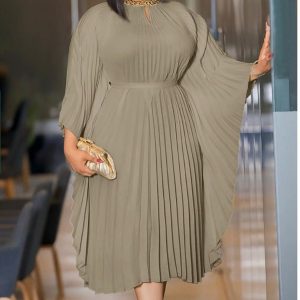 Casual Ruched Belt Pleated Batwing Sleeve Midi Dresses (A774) - Image 7