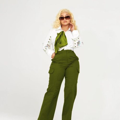 Elegant High Waist Cargo Pant, Shirt & Scarf Set (B31670)