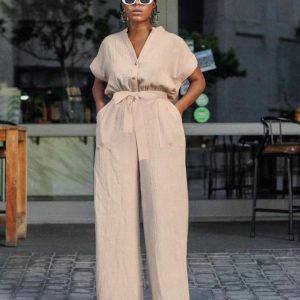 Short Sleeve Solid Color Buttoned Jumpsuit (JS3380) - Image 3