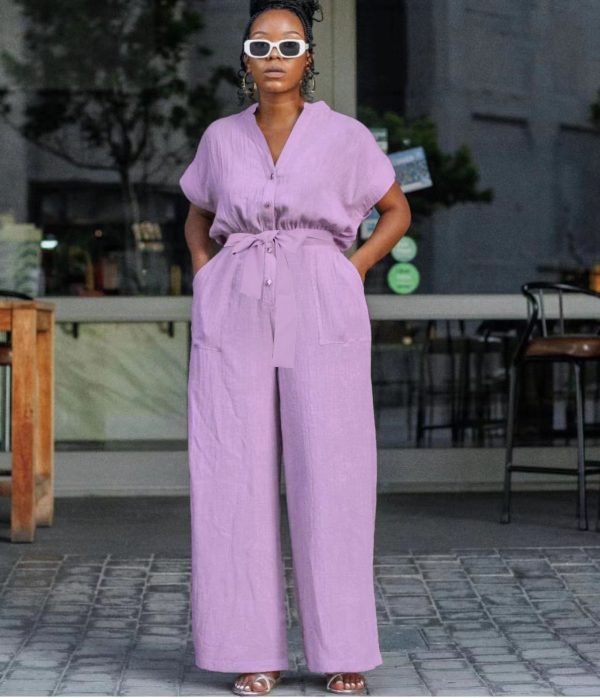 Short Sleeve Solid Color Buttoned Jumpsuit (JS3380)