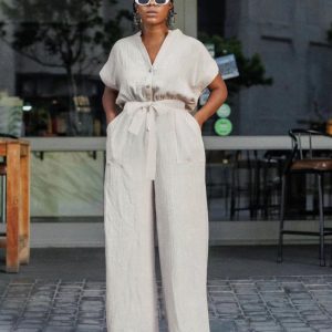 Short Sleeve Solid Color Buttoned Jumpsuit (JS3380) - Image 2