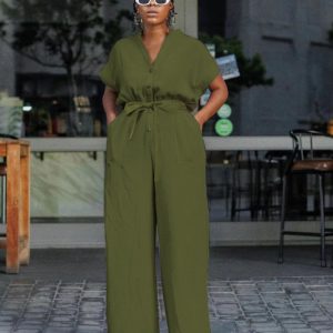 Short Sleeve Solid Color Buttoned Jumpsuit (JS3380) - Image 4