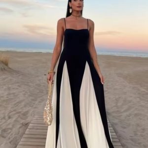 Spaghetti Strap White & black Sling Maxi Dress (A1259) - Image 2