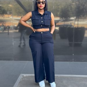 Casual Halter V Neck Crop Tops Blazer Vest & Wide Leg Pants Set (C3867)