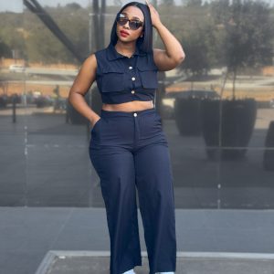 Casual Halter V Neck Crop Tops Blazer Vest & Wide Leg Pants Set (C3867) - Image 5