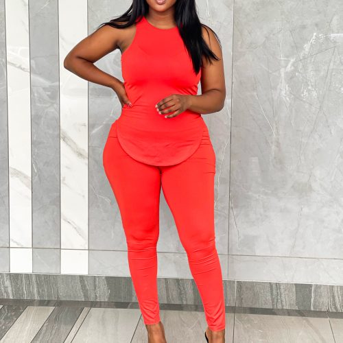 Woman's Sleeveless T Shirt and Tight Pants Set (C521)