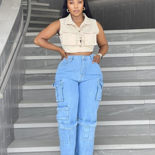 Woman’s High Waist Multi Cargo Jeans (5358)