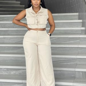 Casual Halter V Neck Crop Tops Blazer Vest & Wide Leg Pants Set (C3867) - Image 2