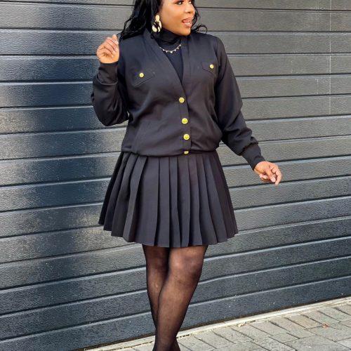 Elegant Pleated Short Skirt & Long sleeve Buttoned Shirt Set (B31764)