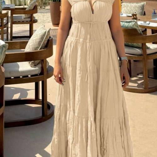 Elegant Pleated Loose Casual Sleeveless V Neck Solid Dress (D4989)