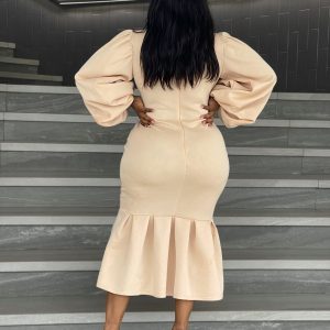 Woman's V-Neck Puff Long-sleeve Bodycon Dress (Q-18491) - Image 4