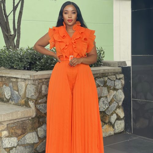 Elegant Deep Shirred Ruffle Trim Sleeveless Jumpsuit (JS-1072)