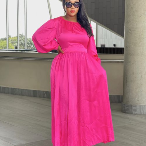 Solid Long Sleeve High Waist Fashion Pleated Dress (D4552)