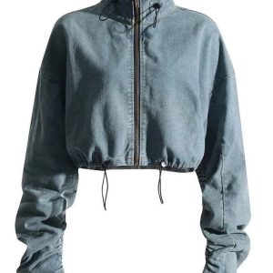 Cropped Denim Long Sleeve Patchwork Zipper Jacket - Image 2