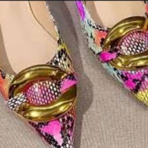 Women Snakeskin Embossed Metal Decor Point Toe Slingback Flats - Image 3