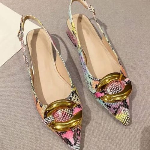 Women Snakeskin Embossed Metal Decor Point Toe Slingback Flats