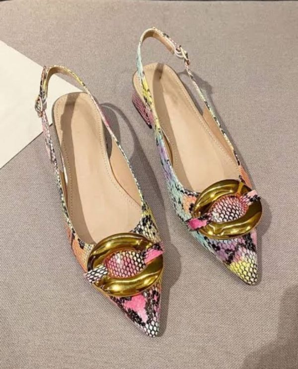 Women Snakeskin Embossed Metal Decor Point Toe Slingback Flats