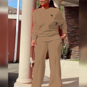 Casual Pullover and Wide Leg Pants Solid Color Tracksuits (B31768) - Image 3