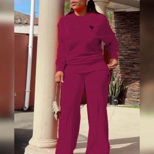 Casual Pullover and Wide Leg Pants Solid Color Tracksuits (B31768) - Image 4