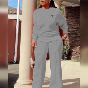 Casual Pullover and Wide Leg Pants Solid Color Tracksuits (B31768) - Image 5