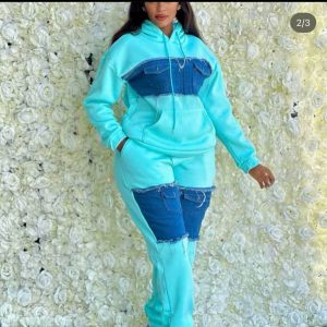 Irregular Contrast Color Stitching Denim 2 Piece Set (A1324) - Image 4