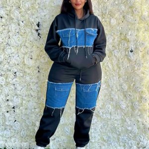 Irregular Contrast Color Stitching Denim 2 Piece Set (A1324) - Image 2