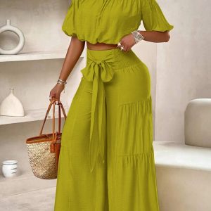 Ladies Puff-Sleeved Ruffled Strapless Crop Top & Wide Leg Pant Set (C4947) - Image 3