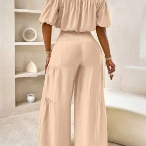 Ladies Puff-Sleeved Ruffled Strapless Crop Top & Wide Leg Pant Set (C4947) - Image 4