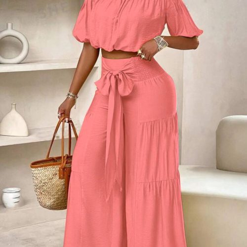 Ladies Puff-Sleeved Ruffled Strapless Crop Top & Wide Leg Pant Set (C4947)