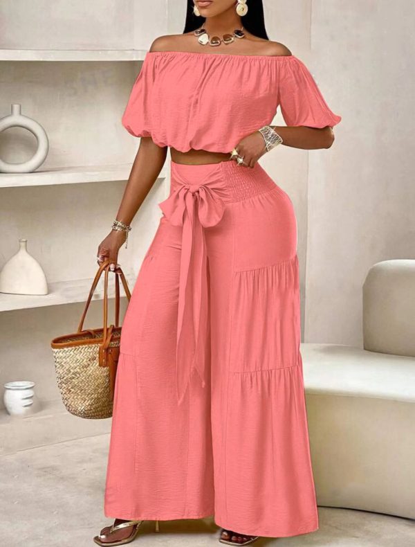 Ladies Puff-Sleeved Ruffled Strapless Crop Top & Wide Leg Pant Set (C4947)